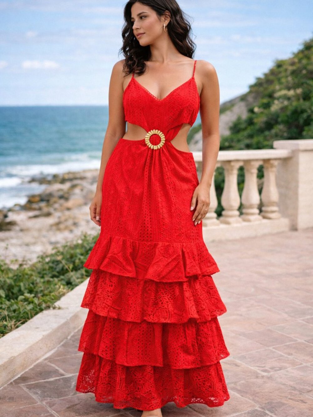 Red Eyelet Cutout Maxi Dress L Ethereal Romantic Festival Vacation Ruffle
